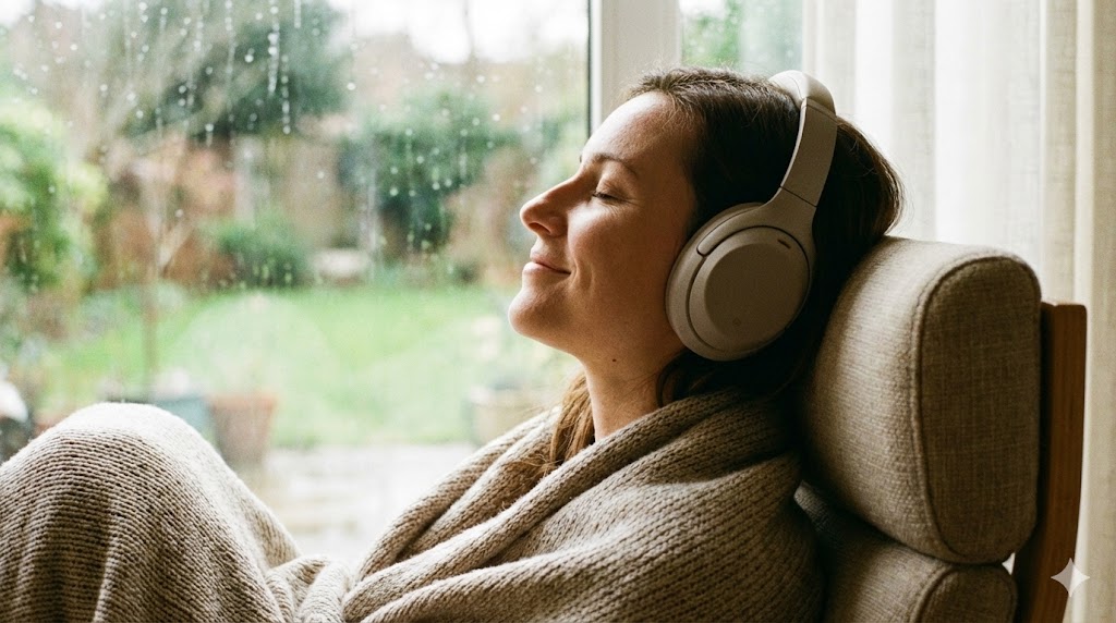 고급 무선 헤드폰과 오디오 기기 일상 생활 연출 컷